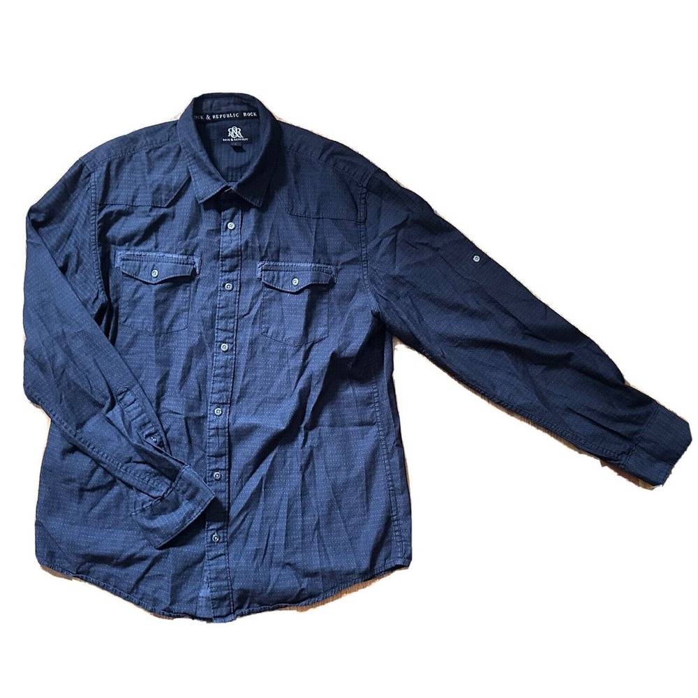 Rock & Republic Shirt Men's L Dark Gray Casual Pockets Button Roll Up Shirt - Picture 2 of 13
